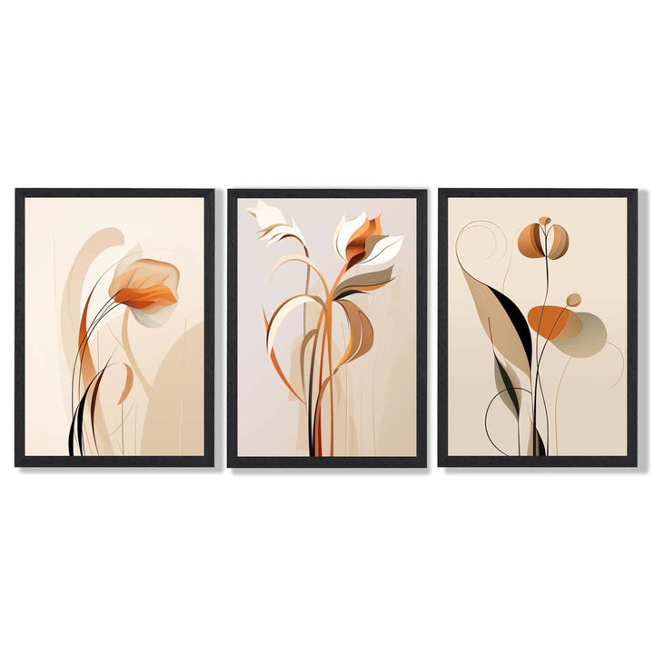 Art Deco Beige Orange Floral Set of 3 Framed Art Prints | Bowlift