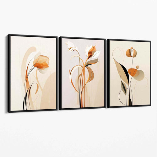 Art Deco Beige Orange Floral Set of 3 Canvas Art Prints | Bowlift