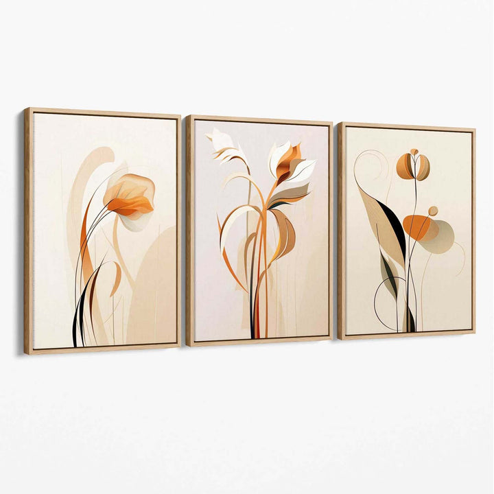 Art Deco Beige Orange Floral Set of 3 Canvas Art Prints | Bowlift