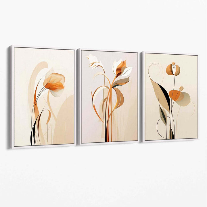 Art Deco Beige Orange Floral Set of 3 Canvas Art Prints | Bowlift