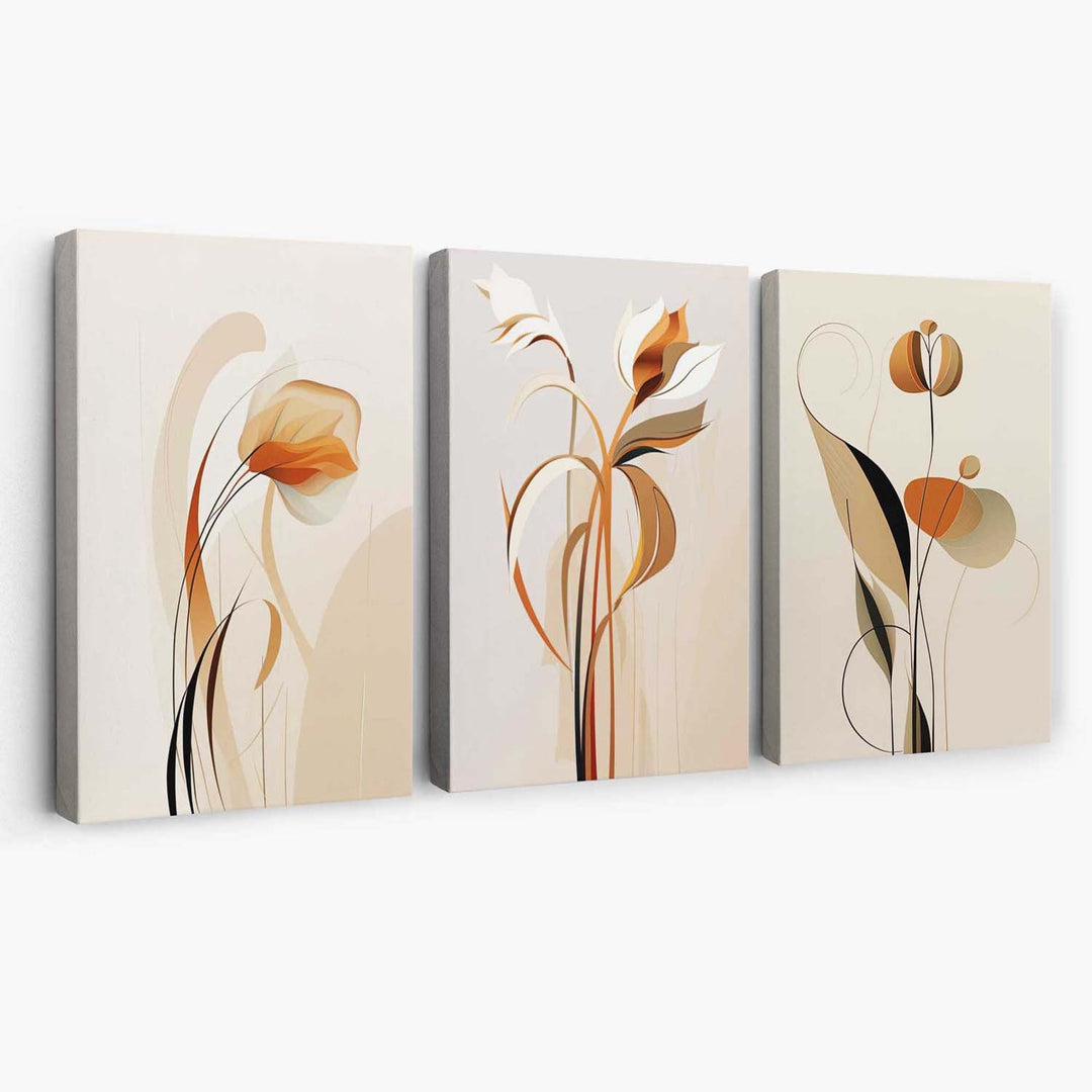 Art Deco Beige Orange Floral Set of 3 Canvas Art Prints | Bowlift
