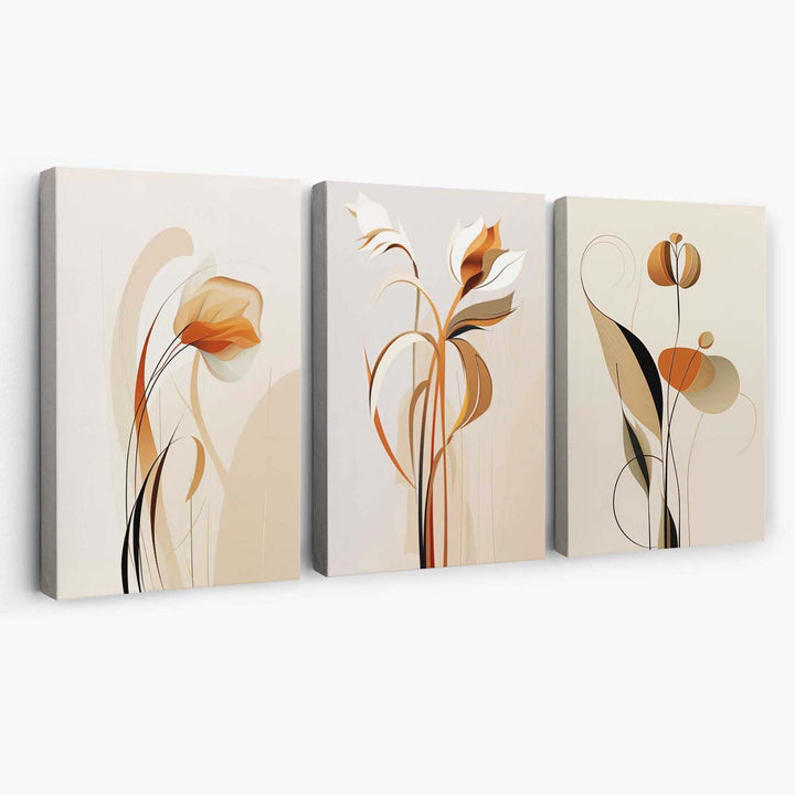 Art Deco Beige Orange Floral Set of 3 Canvas Art Prints | Bowlift