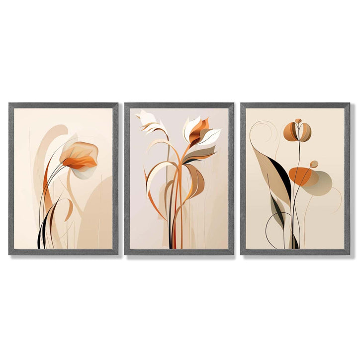 Art Deco Beige Orange Floral Set of 3 Framed Art Prints | Bowlift