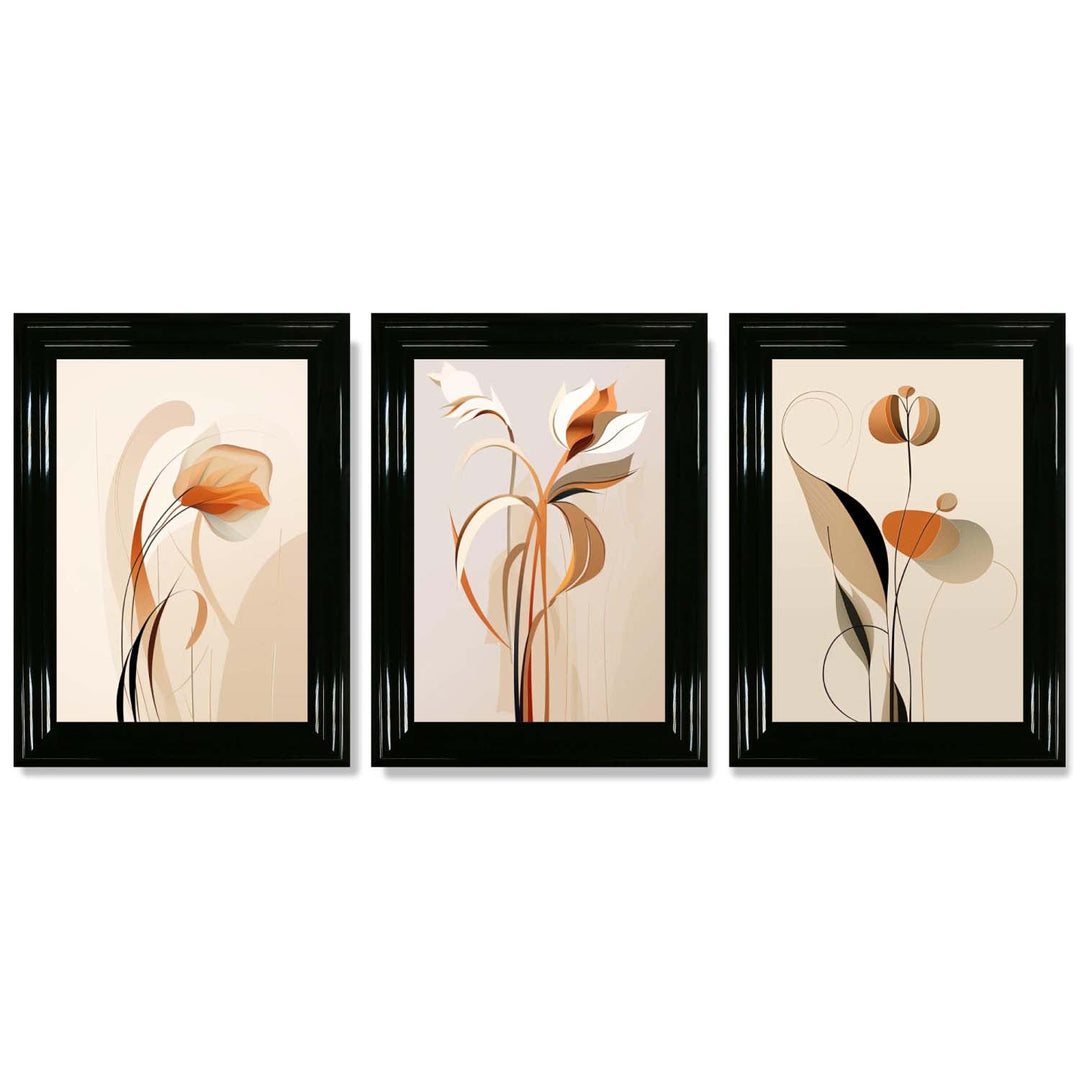 Art Deco Beige Orange Floral Set of 3 Framed Art Prints | Bowlift