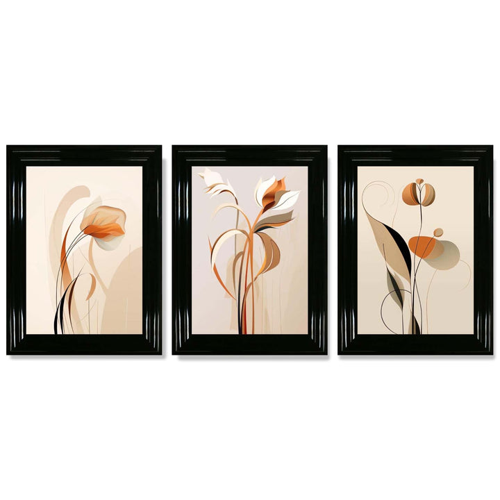 Art Deco Beige Orange Floral Set of 3 Framed Art Prints | Bowlift