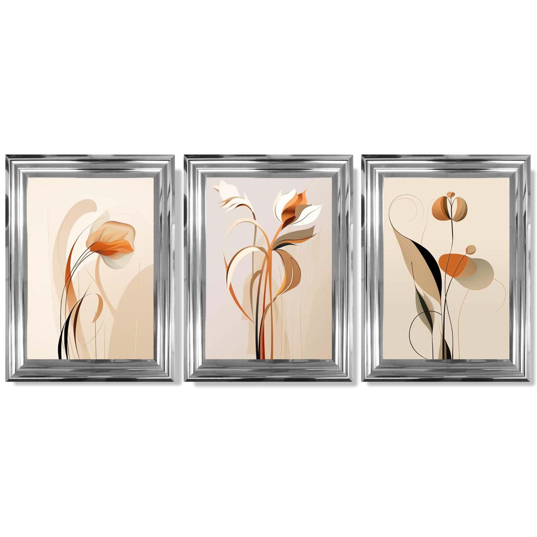Art Deco Beige Orange Floral Set of 3 Framed Art Prints | Bowlift