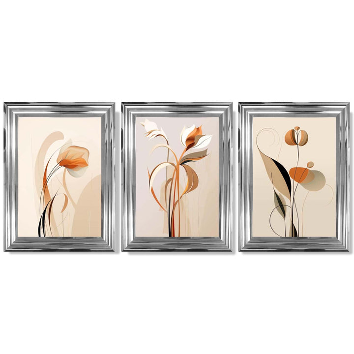 Art Deco Beige Orange Floral Set of 3 Framed Art Prints | Bowlift