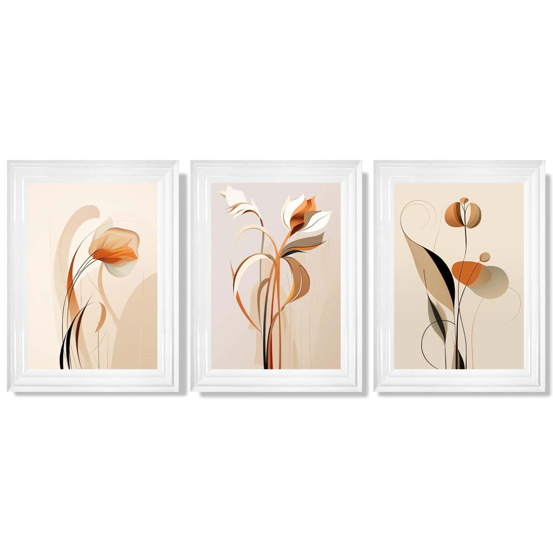 Art Deco Beige Orange Floral Set of 3 Framed Art Prints | Bowlift