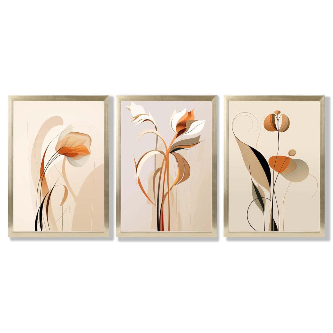 Art Deco Beige Orange Floral Set of 3 Framed Art Prints | Bowlift