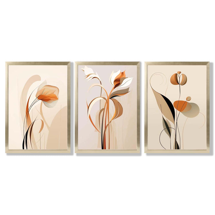 Art Deco Beige Orange Floral Set of 3 Framed Art Prints | Bowlift