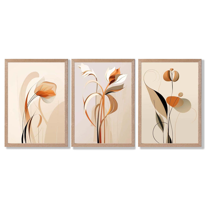 Art Deco Beige Orange Floral Set of 3 Framed Art Prints | Bowlift