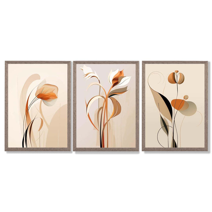 Art Deco Beige Orange Floral Set of 3 Framed Art Prints | Bowlift