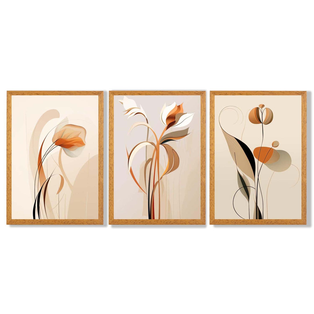 Art Deco Beige Orange Floral Set of 3 Framed Art Prints | Bowlift