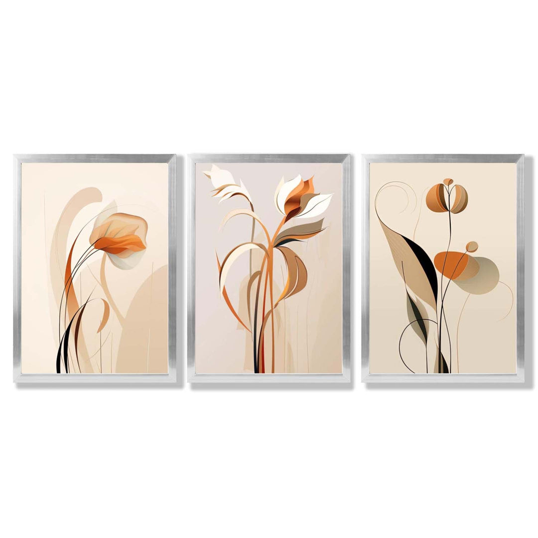 Art Deco Beige Orange Floral Set of 3 Framed Art Prints | Bowlift