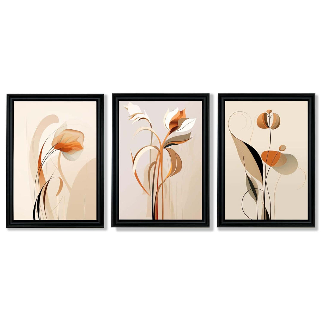 Art Deco Beige Orange Floral Set of 3 Framed Art Prints | Bowlift