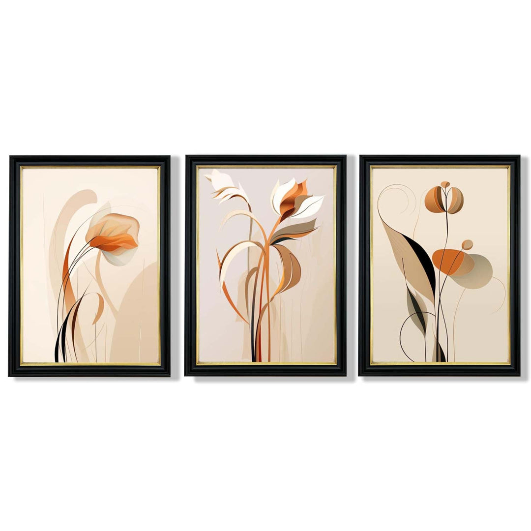 Art Deco Beige Orange Floral Set of 3 Framed Art Prints | Bowlift