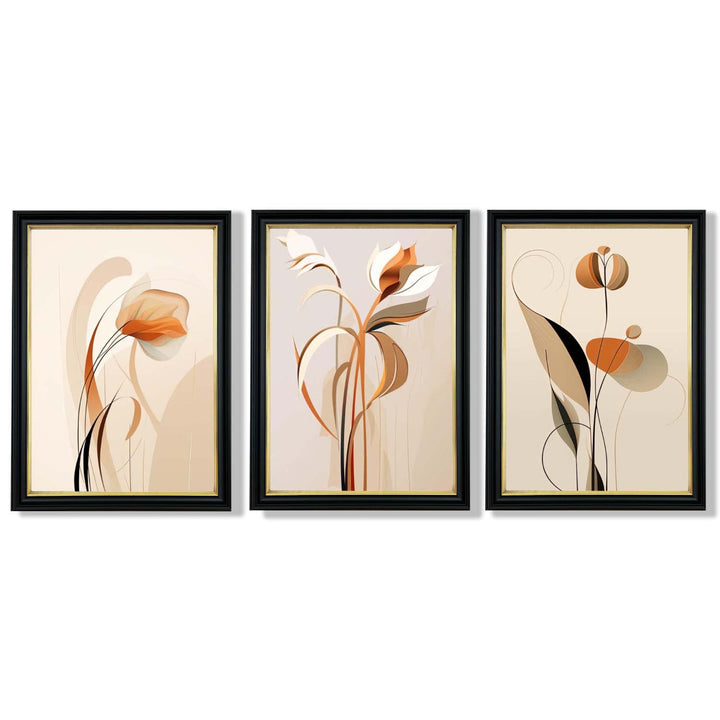 Art Deco Beige Orange Floral Set of 3 Framed Art Prints | Bowlift