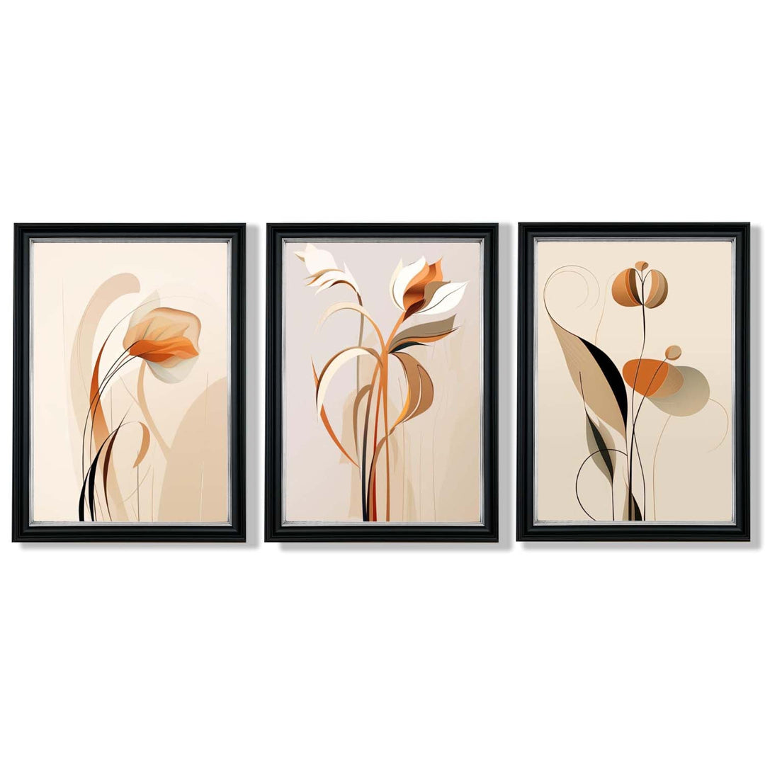 Art Deco Beige Orange Floral Set of 3 Framed Art Prints | Bowlift