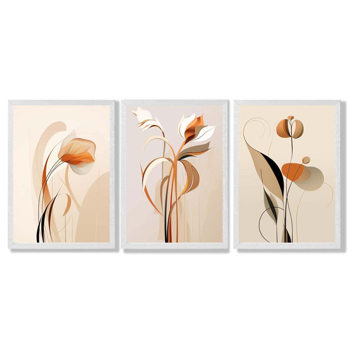 Art Deco Beige Orange Floral Set of 3 Framed Art Prints | Bowlift