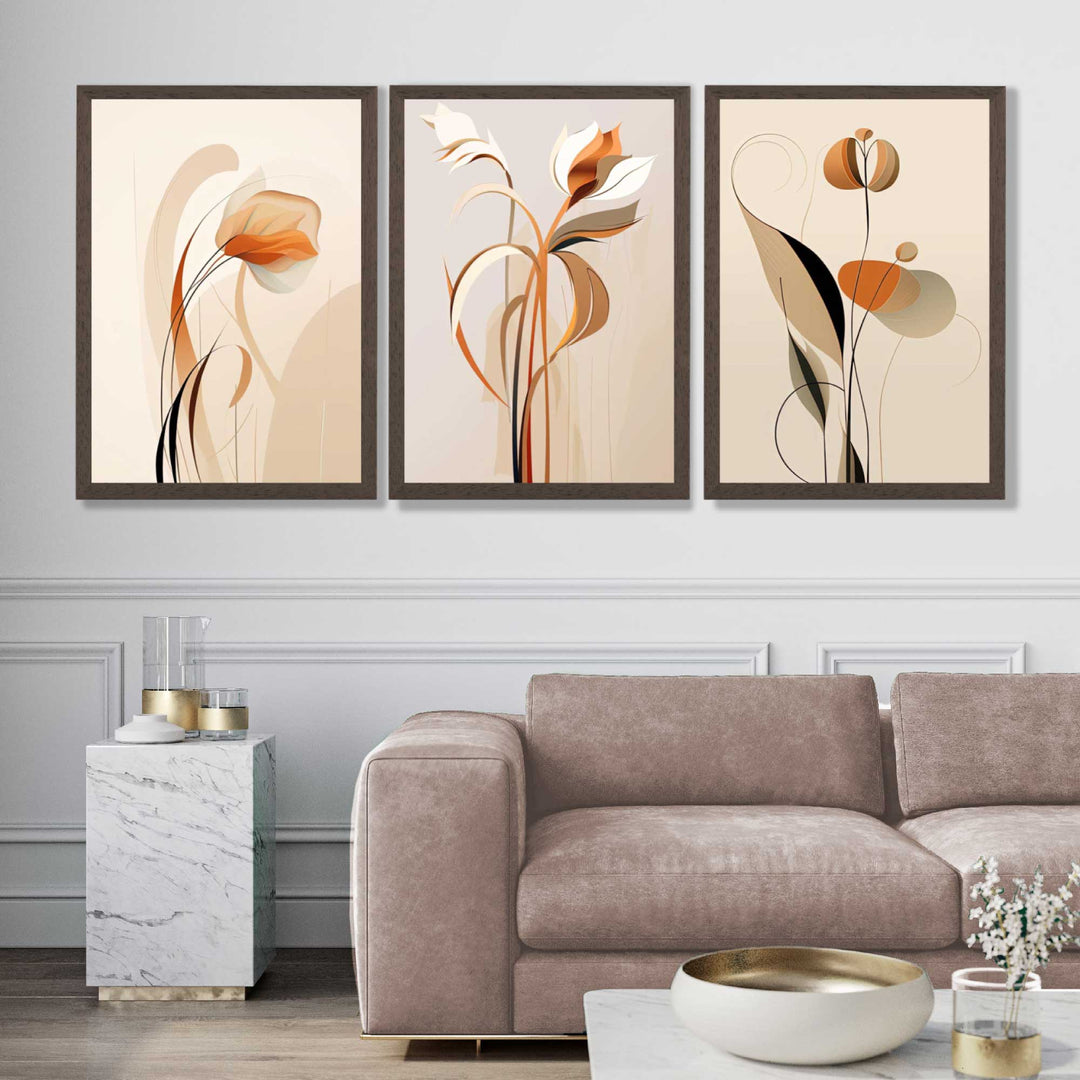 Art Deco Beige Orange Floral Set of 3 Art Prints | Bowlift