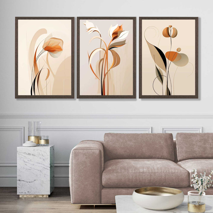 Art Deco Beige Orange Floral Set of 3 Art Prints | Bowlift