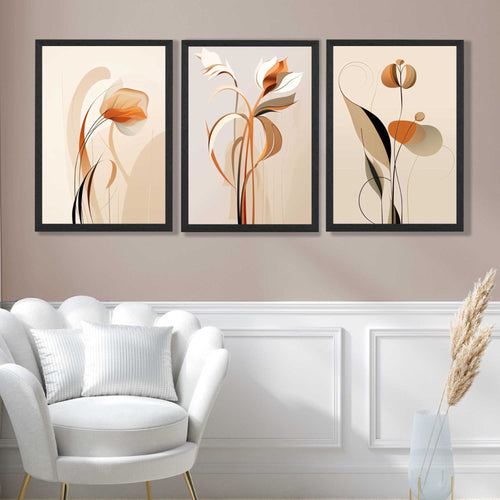 Art Deco Beige Orange Floral Set of 3 Art Prints | Bowlift