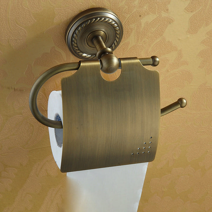 BowLift | Worn Brass Traditional Bathroom Set with Bath Shelf/Paper Holder & Towel Bar
