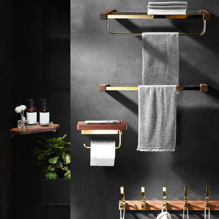 BowLift | Polished Brass Bathroom Hardware Set Metal & Wood Bathroom Set with Bath Shelf/Towel Bar