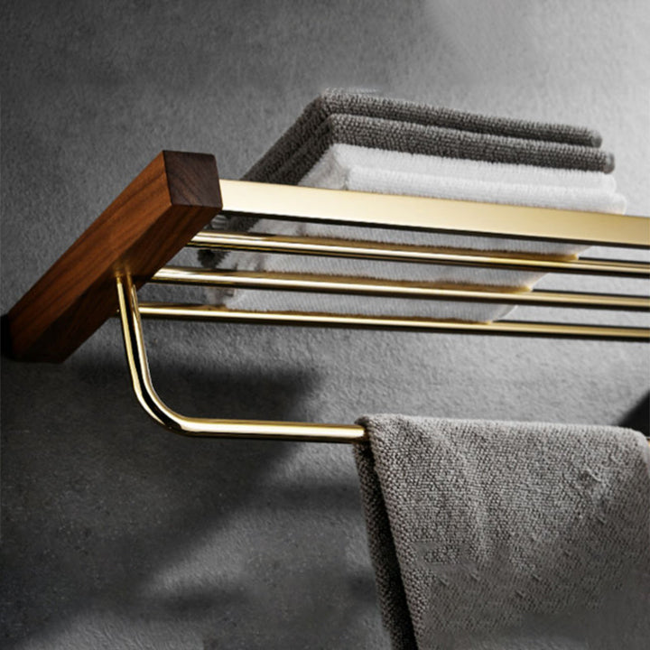 BowLift | Polished Brass Bathroom Hardware Set Metal & Wood Bathroom Set with Bath Shelf/Towel Bar