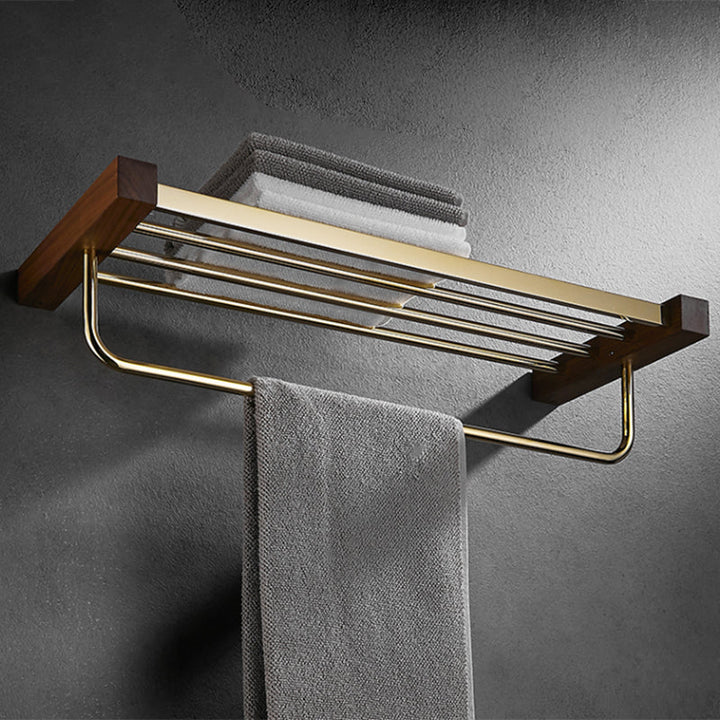BowLift | Polished Brass Bathroom Hardware Set Metal & Wood Bathroom Set with Bath Shelf/Towel Bar