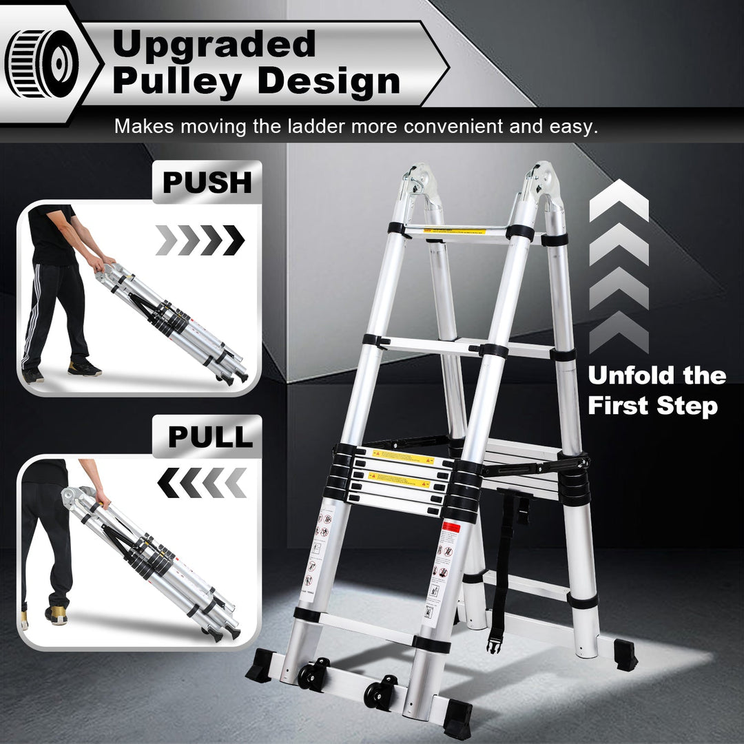 5M Aluminum Telescopic Ladder Folding Ladder with Wheels and Triangle Stabilizer | Bowlift
