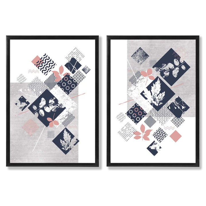 Blue, Pink and Gray Mixed Technique Flower Frame Set of 2 Art Prints | Bowlift