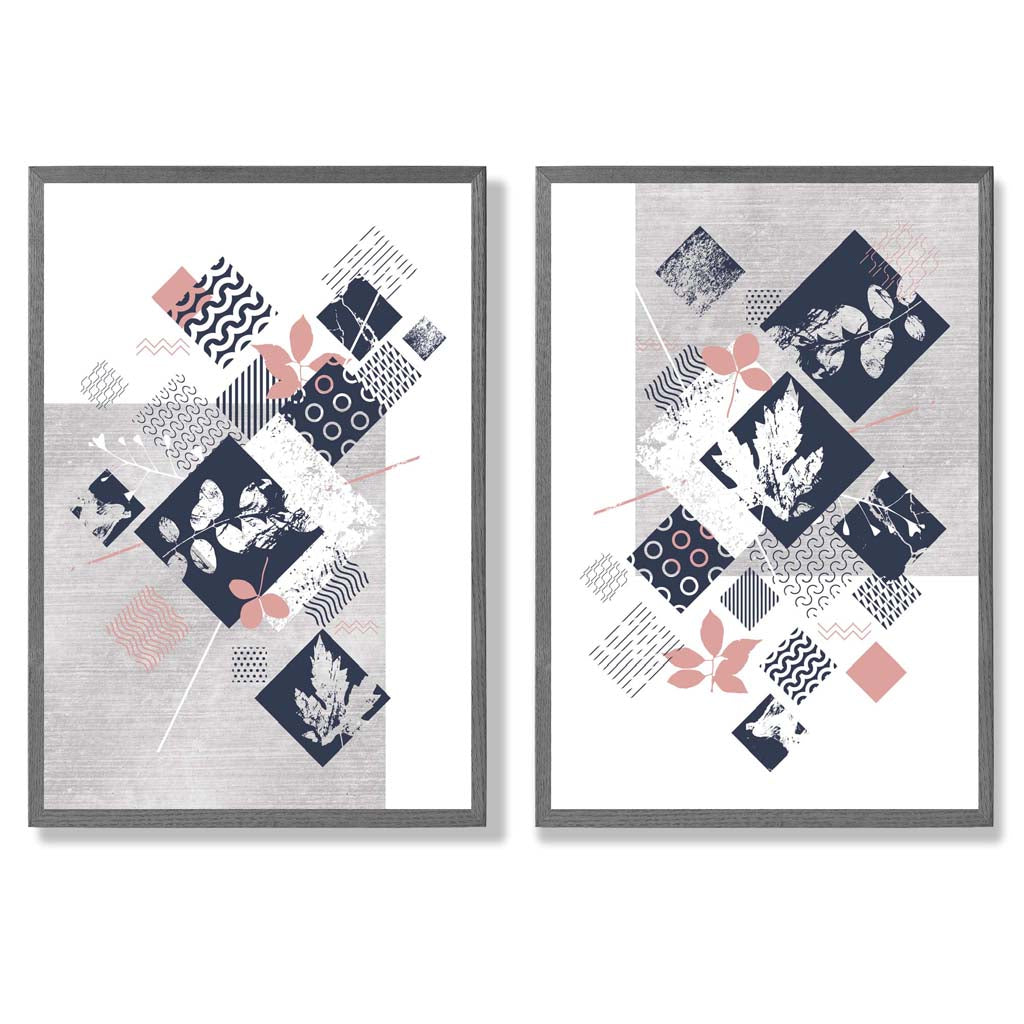 Blue, Pink and Gray Mixed Technique Flower Frame Set of 2 Art Prints | Bowlift