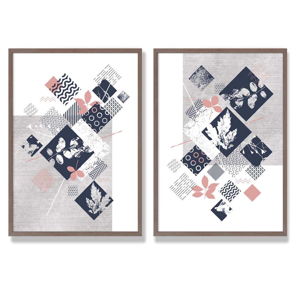 Blue, Pink and Gray Mixed Technique Flower Frame Set of 2 Art Prints | Bowlift