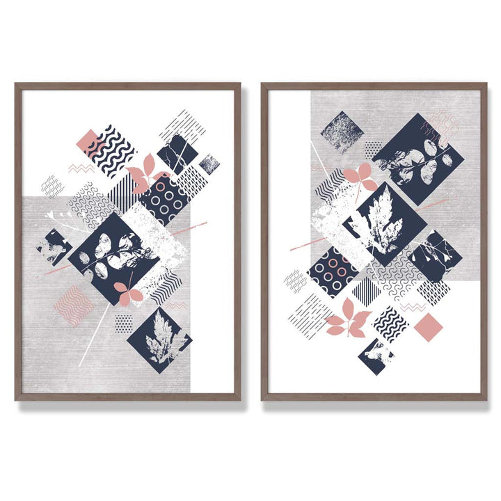 Blue, Pink and Gray Mixed Technique Flower Frame Set of 2 Art Prints | Bowlift