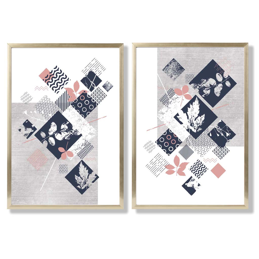 Blue, Pink and Gray Mixed Technique Flower Frame Set of 2 Art Prints | Bowlift