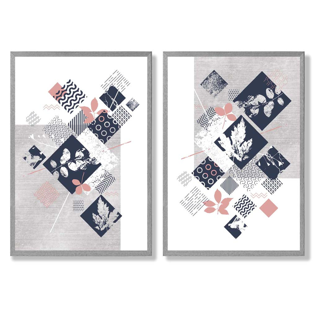 Blue, Pink and Gray Mixed Technique Flower Frame Set of 2 Art Prints | Bowlift