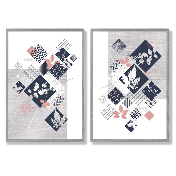 Blue, Pink and Gray Mixed Technique Flower Frame Set of 2 Art Prints | Bowlift