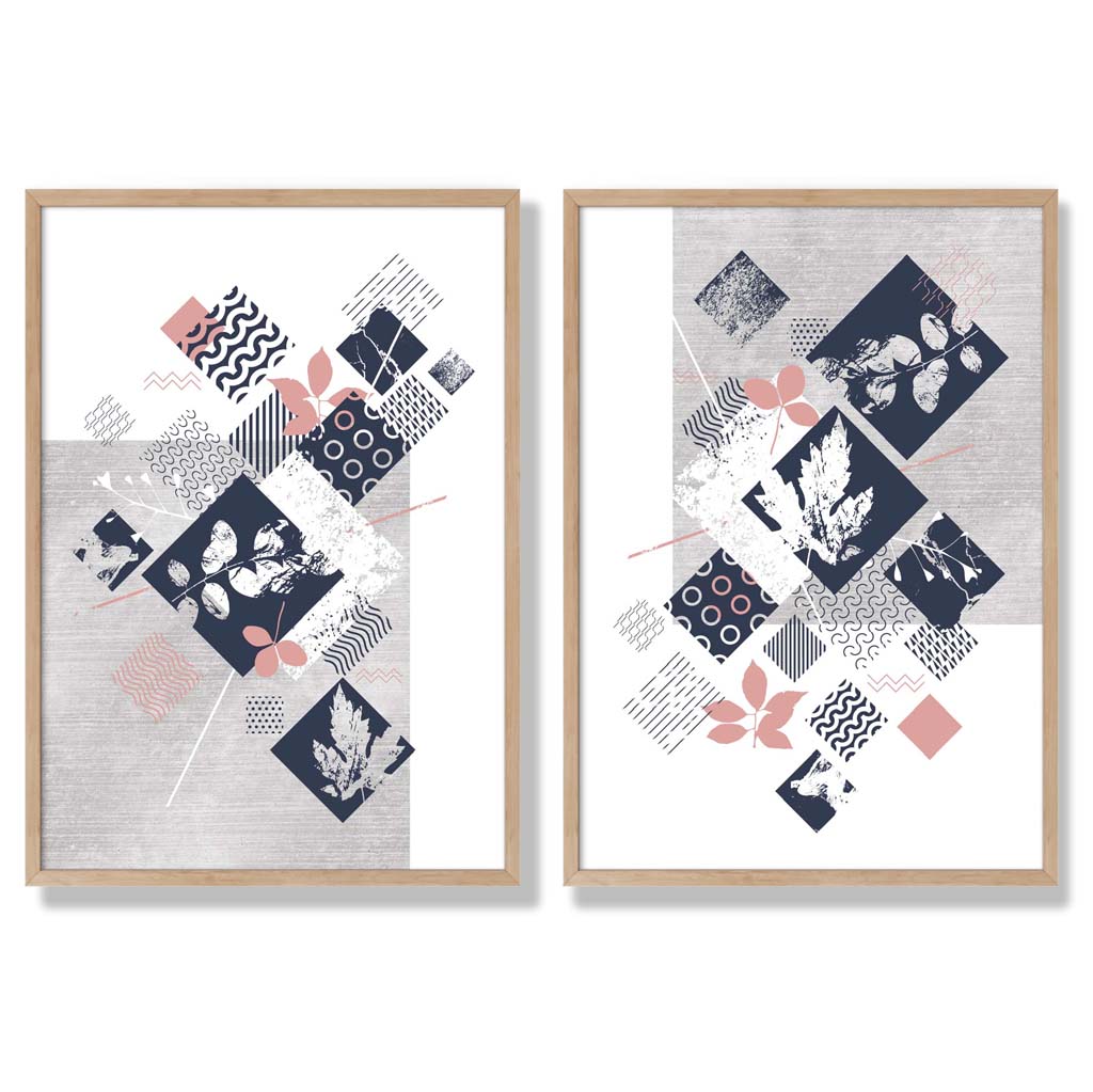 Blue, Pink and Gray Mixed Technique Flower Frame Set of 2 Art Prints | Bowlift