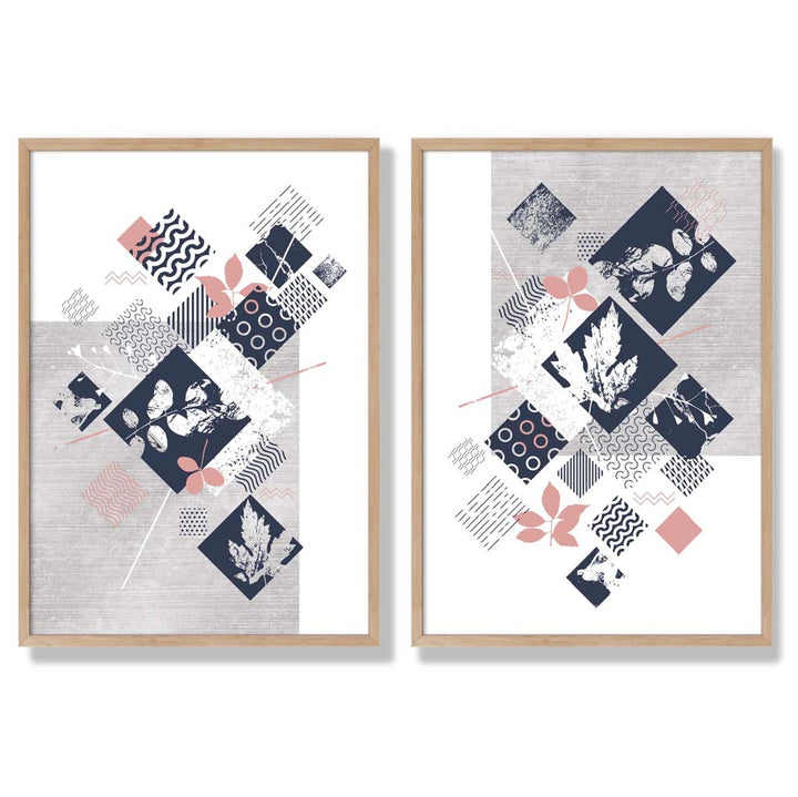 Blue, Pink and Gray Mixed Technique Flower Frame Set of 2 Art Prints | Bowlift