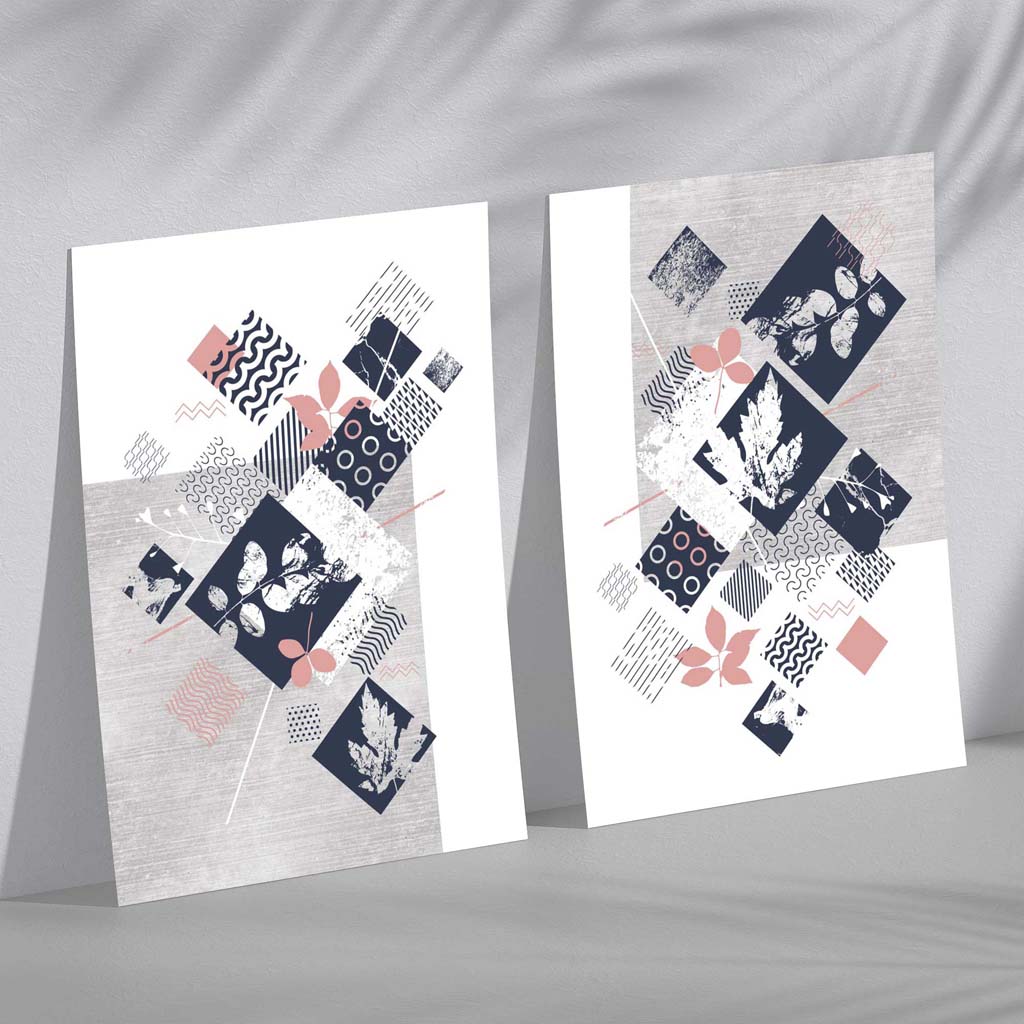 Blue, Pink and Gray Mixed Technique Flower Frame Set of 2 Art Prints | Bowlift