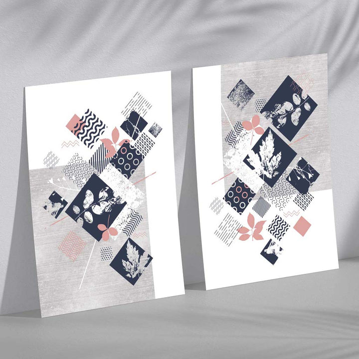 Blue, Pink and Gray Mixed Technique Flower Frame Set of 2 Art Prints | Bowlift