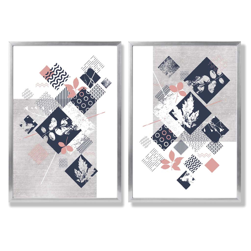 Blue, Pink and Gray Mixed Technique Flower Frame Set of 2 Art Prints | Bowlift