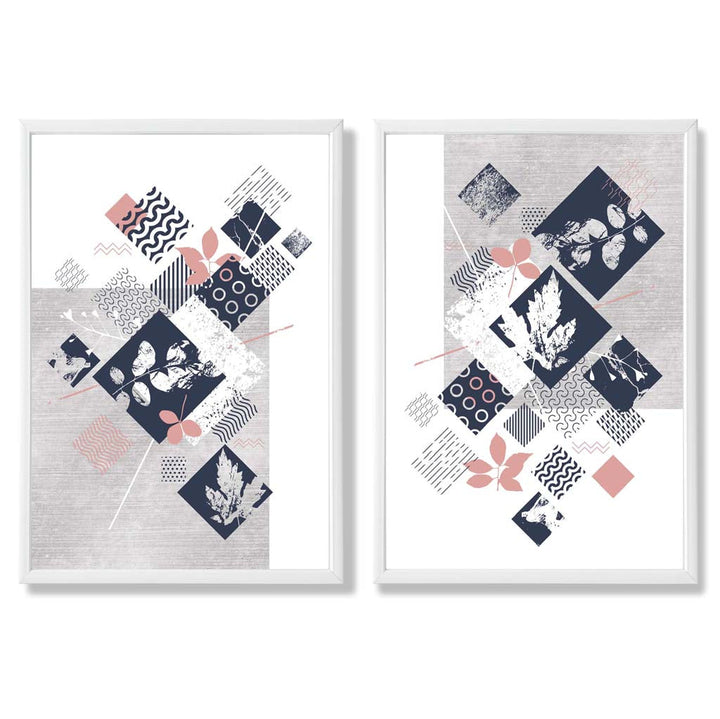 Blue, Pink and Gray Mixed Technique Flower Frame Set of 2 Art Prints | Bowlift