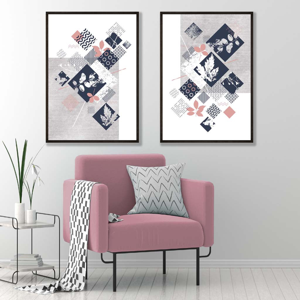 Blue, Pink and Gray Mixed Technique Flower Frame Set of 2 Art Prints | Bowlift