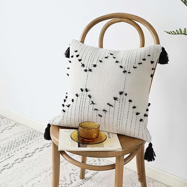 BowLift | White and Black Geometric Cushion Cover with Tassels