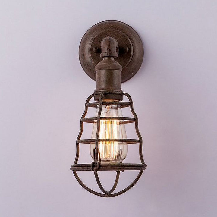 BowLift | Rust Finish Mini Wall Lamp with Cage Shade Antique Style Iron 1 Light Farmhouse Wall Mount Lighting