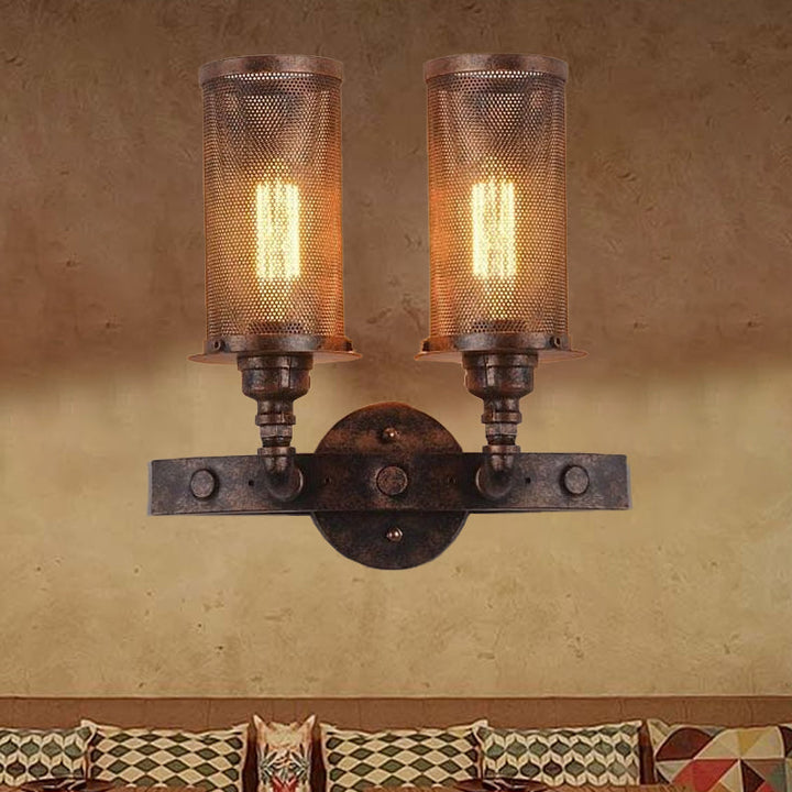 BowLift | Antique style double cylinder wall lamp with mesh shade 2 lights wrought iron wall mount lamp in aged copper
