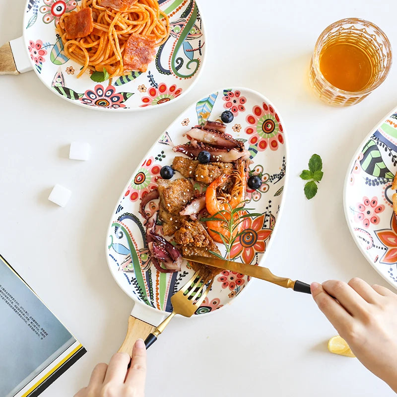 BowLift | Elegant Nordic Ceramic Dinner Plates with Wooden Handle