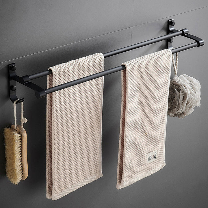 BowLift | 6-piece modern bathroom hardware set in matte black with bathroom shelf/towel holder & bathrobe hooks